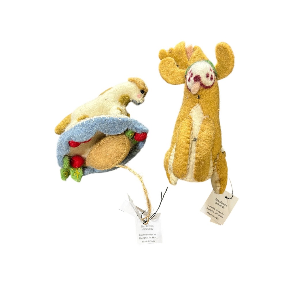 Creative Co-op Felt Wool Animal Ornaments Set/2 Tan Reindeer Dog Kellie Montana
